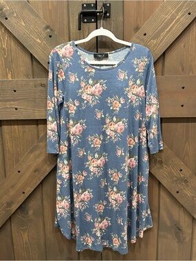 Floral Tunic/Dress - Blue with Pink Roses